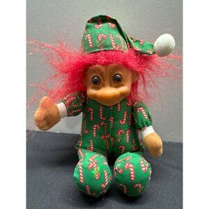 Vintage Russ Christmas Troll Doll With Red Hair & Candy Cane Pajamas